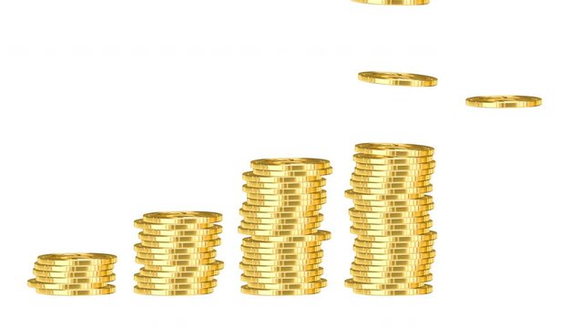 Five piles of gold money coins adding up one by one at white isolated background, financial trading concept. Money Saving and Economy Concept.