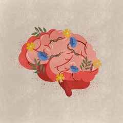 Cerebro ilustrado en digital con flores © Sara