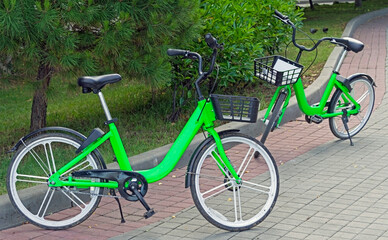 Fototapeta na wymiar green bikes in the city park