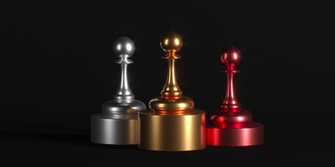 Chess Pawns On Winning Podium. Success Competition Concept
