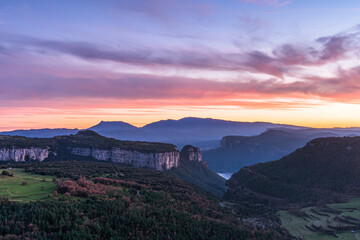 Sunrise on the beautiful mountains (Panta de Sau, Catalonia, Spain)