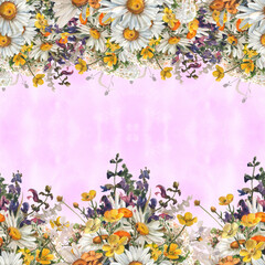 Obraz na płótnie Canvas Seamless pattern. Wild flowers and herbs, chamomile flowers - a decorative composition. Watercolor illustration. Decorative composition. Use printed materials, signs, objects, sites, maps.