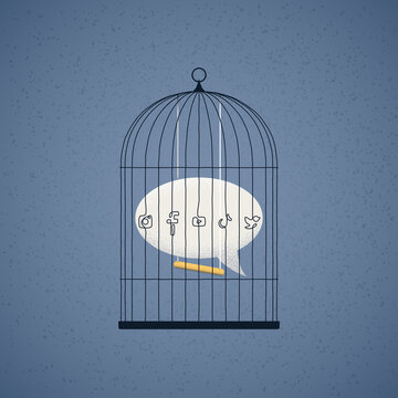 Social Media Censorship Vector Illustration, A Metaphor Of Restriction Of Freedom Of Speech Online, Blank Speech Bubble In Bird Cage Which Has Logos Of Popular Social Media On It