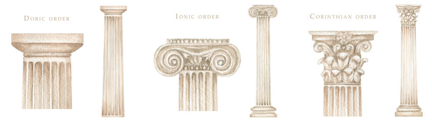 Watercolor antique column corinthian ionic doric order, Ancient Classic Greek pillar set, Roman Columns, Architecture facade elements Realistic drawing illustration isolated on white background