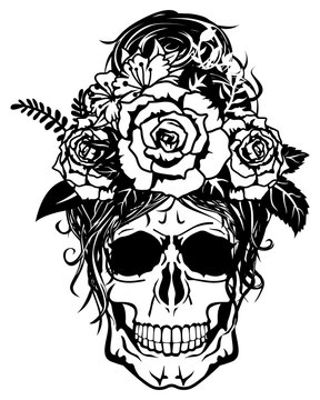 Flower Skull vector, Rose Skull Shirt Eps, Evil Head illustration, Woman Design
