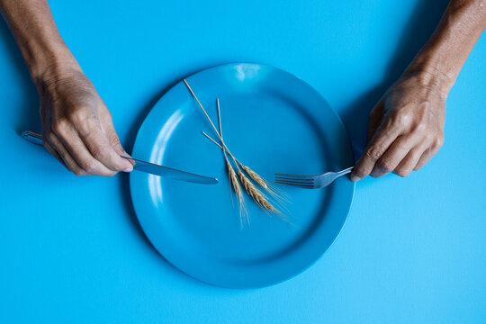 Wheat spikes grains on a plate, world food crisis concept