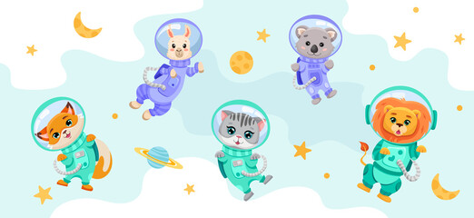 Cute animals set in open space with planets, moon and stars. Astronauts in costumes for children banner, textile print, kids design. Hand drawn vector cartoon illustration