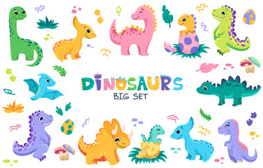 Big Set of cute baby dinosaurs. Hand drawn brontosaurus, tyrannosaurus, and triceratops for birthday greeting cards, baby shower invitations, posters. Vector cartoon colorful illustration