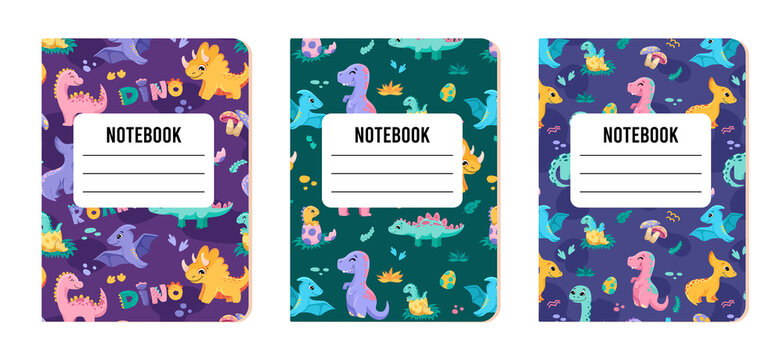 Set of cover page templates with seamless patterns with cute dinosaurs.Vector cartoon illustration for school exercise books, notebooks, kids diaries.