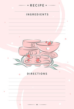 Clean Pages Of The Cookbook Are Decorated Kitchen Tools. Recipe Card Template For Cooking Notes. Vector Illustration.