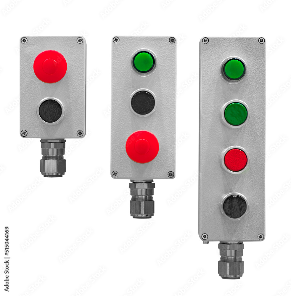 Poster industrial consoles with control buttons on a white background