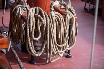 pile of ropes on the deck of a ship