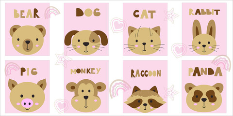 Cute animal icons. Baby cards of cute little animals to explore their species. Learning the names of animals: bear, dog, cat, hare, raccoon, panda, pig, monkey