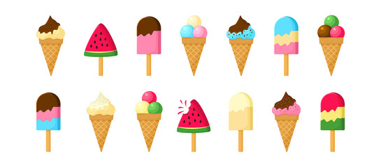 Ice cream lolly vector icon, waffle cone, ice cream scoop and popsicle. Cartoon chocolate and vanilla dessert, fruit sorbet. Summer set. Sweet illustration