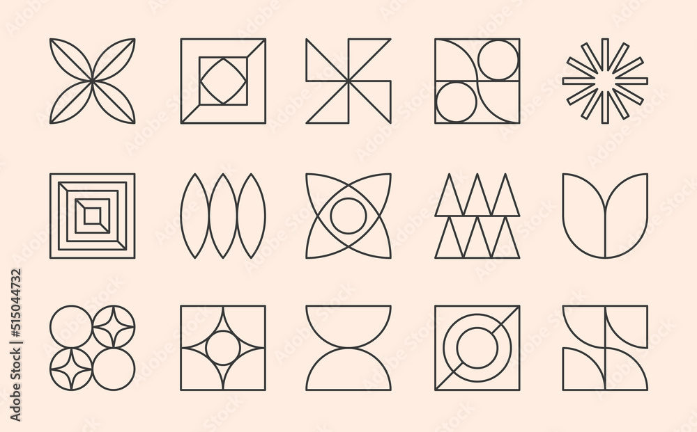 Wall mural vector set of bauhaus linear emblems or symbols.modern brutalist objects and elements in trendy swis