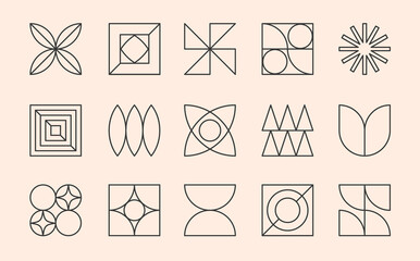 Vector set of bauhaus linear emblems or symbols.Modern brutalist objects and elements in trendy swiss aesthetic style.Abstract bold geometric forms for branding design,badges,stickers,logo templates.