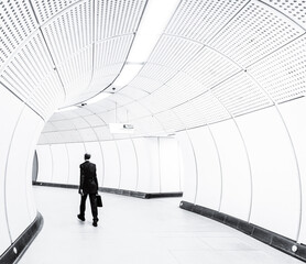  silhouette of a person in a white subway station tunnel