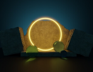 3d render, abstract neon yellow background with glowing circle frame, cobblestone rocks ruins and...