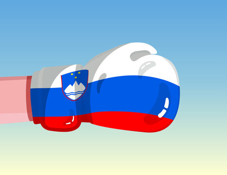 Flag of Slovenia on boxing glove. Confrontation between countries with competitive power. Offensive attitude. Separation of power. Template ready design.