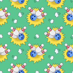 Bowling, vector seamless pattern in the style of doodles, hand drawn