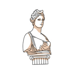 Female antique female profile standing on greek column. Greek flat vector design in pastel colors. Feminine tender design.