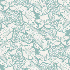 Painted flowers,  leaves. Abundant flowering. Hand-drawn graphics, smooth lines, artwork. Floral print design for fabric, vector illustration, monochrome colors. Botanical background, seamless pattern