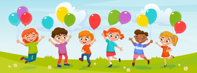 Happy kids with colorful balloons in their hands celebrating a birthday. Diverse boys and girls having fun and playing at a birthday party in a park or garden. Cartoon style vector illustration.