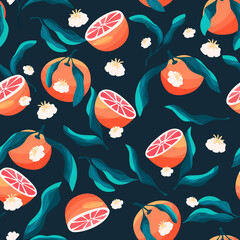 Naklejka na ściany i meble Seamless pattern with hand drawn oranges and floral elements. Fruit and floral design in bright colors. Colorful vector illustration.