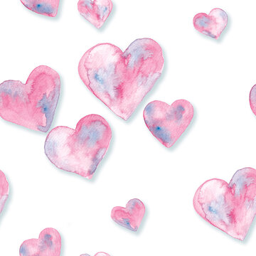Pink with blue hearts watercolor painting - seamless pattern on white background	