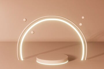 Neutral beige podium cosmetic product demonstration nude color showcase matte bubble sphere 3d render. Abstact minimal scene design composition with glowing light frame Empty place modern presentation