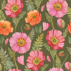 Seamless pattern with colorful watercolor poppies. Floral print with poppies on a dark green background.