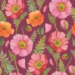 Rolgordijnen Seamless pattern with colorful watercolor poppies. Floral print with poppies on a dark lilac background. © Maria Kviten