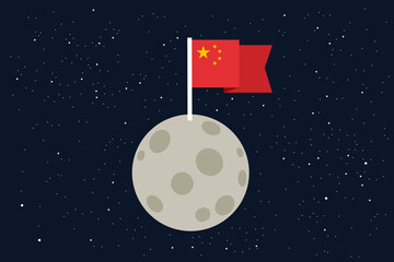 National flag of China is waving on the Moon - natural satellite is explored and colonized by country. Chinese colonization and exploration of outer space, cosmos. Vector illustration.