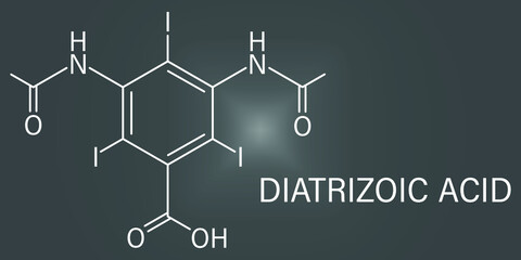Skeletal formula of Diatrizoic acid contrast agent molecule. Also known as Diatrizoate or Amidotrizoate.