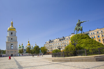 Monument to Bogdan Khmelnitsky and Saint Sophia Cathedral in Kyiv, Ukraine