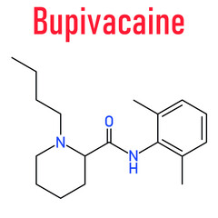 Skeletal formula of Bupivacaine epidural anesthetic drug molecule. Local anaesthetic.