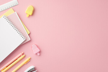 Back to school concept. Top view photo of stylish stationery stack of notebooks pens ice cream...