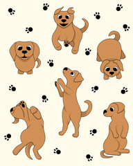Cute cartoon happy dog character set with paw prints