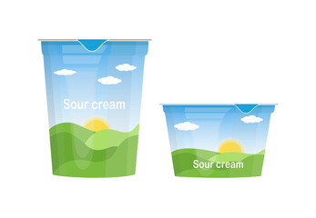 Sour cream, yogurt, soft or cottage cheese big and small plastic or cardboard jar container, packaging with farm label, cartoon style vector illustration isolated on white background