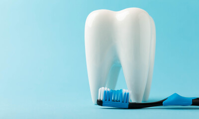 Fototapeta na wymiar Cleaning model of a white tooth with a toothbrush on a blue background. The concept of dental hygiene. Prevention of plaque and gum disease.MOCKUP