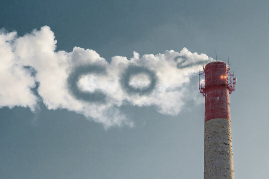 Industrial Brick Chimney With Smoke, CO2 Emissions