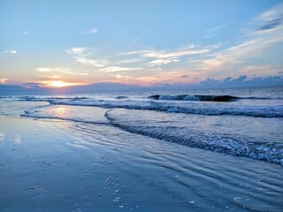 Beach Ocean Sunrise Over Rippling Stacked Waves