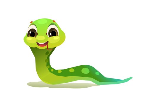 Cheerful baby snake in good mood. Cartoon style illustration. Cute childish character. Isolated on white background. Vector