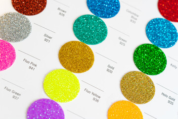 Vibrant circle glittering colors swatches - heat transfer film - with colour names and codes,...