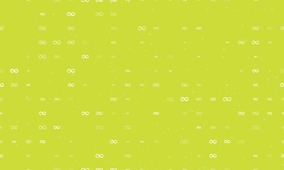 Seamless background pattern of evenly spaced white infinity symbols of different sizes and opacity. Vector illustration on lime background with stars