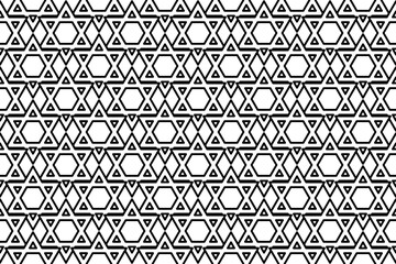 Seamless pattern completely filled with outlines of star of David symbols. Elements are evenly spaced. Vector illustration on white background