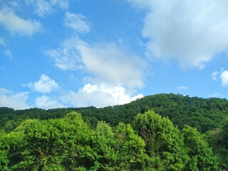 bright cloudy summer sky over hillside view