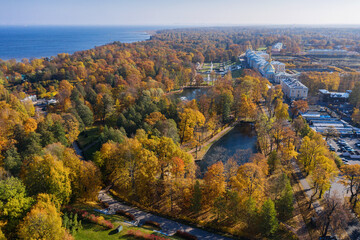 Peterhof in autumn. Alleys of the Nizhny Park. Aerial view.