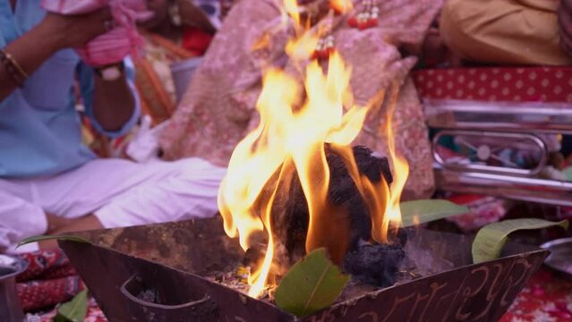 Closeup of Hawan kund, Indian Spiritual tradition to Worship god in Hinduism. Indian culture, Hindu Wedding rituals background