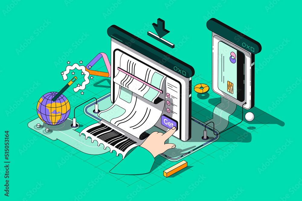 Poster Electronic receipt concept 3d isometric outline web design. Banking services, invoice pay using credit card, financial transactions. Vector web illustration with abstract line people composition